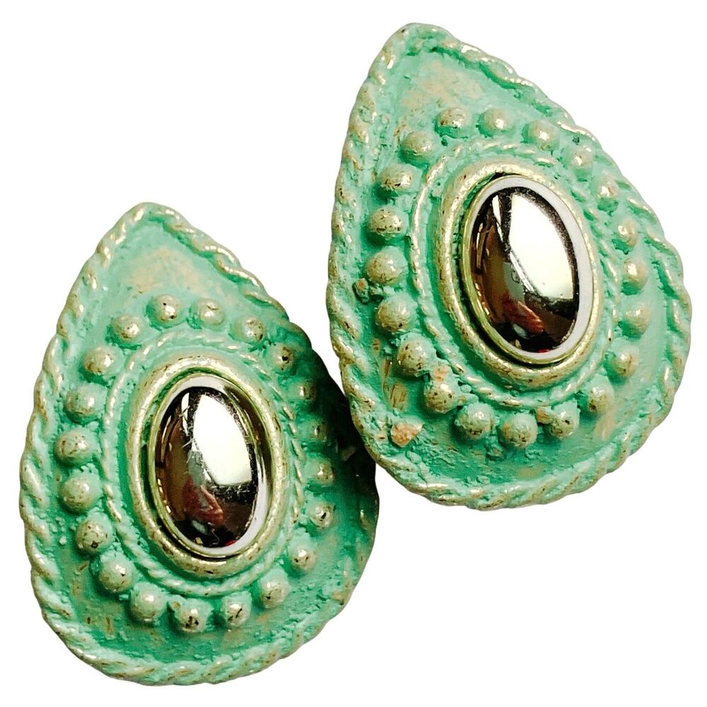 VTG 80s Mint Green Clip On Earrings Teardrop Reflective Metallic Cabochon Artsy